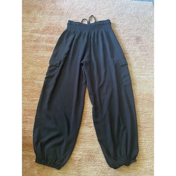 JW Style Black Cargo Jogger Pants M Rayon Tencel Smocked Waist Pockets - Picture 6 of 7
